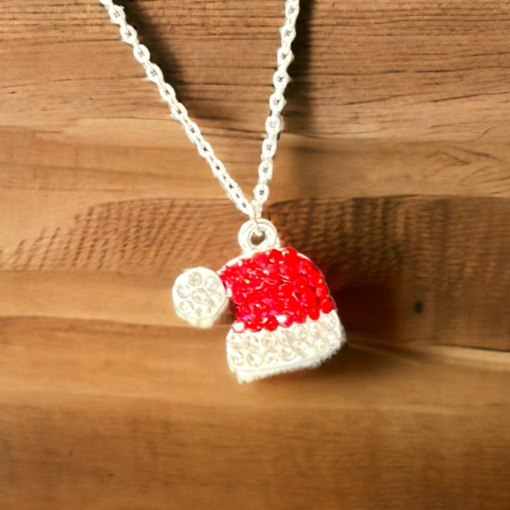 Silver Color Chain Red Beaded Santa Hat, 16” with Extender